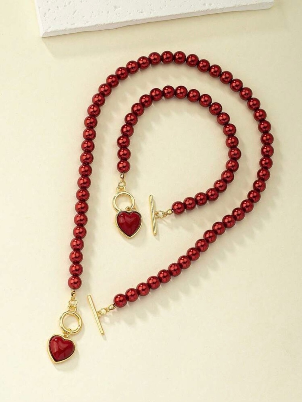 Red Beaded Heart Charm Necklace Bracelet Set - Gold Toggle Closure